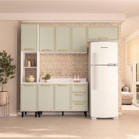 Cozinha Completa com Tampo Amara 8 Portas 3 Gavetas Verde e Branca
