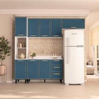 Cozinha Completa com Tampo Amara 8 Portas 3 Gavetas Azul e Branca
