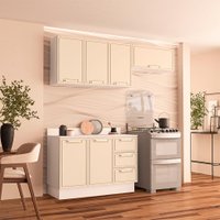 Cozinha Completa com Tampo e Rodapé Amara 6 Portas 3 Gavetas Creme e Branca