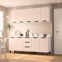 Cozinha Completa com Tampo Meena 9 Portas 3 Gavetas Creme e Branca
