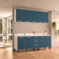 Cozinha Compacta Sem Tampo Amara 9 Portas 3 Gavetas Azul e Branca