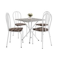 Conjunto de Mesa Quadrada com Tampo Granito e 4 Cadeiras Léia Revestimento Sintético Branco e Palha