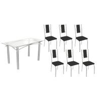 Sala de Jantar Completa Elba c/ Tampo de Vidro 150cm e 6 Cadeiras Lisboa Cromada - Courano Preto - Kappesberg