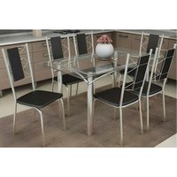 Sala de Jantar Completa Elba c/ Tampo de Vidro 120cm e 6 Cadeiras Lisboa Cromada - Courano Preto - Kappesberg