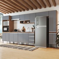 Armário de Cozinha Thalia 14 Portas 3 Gavetas Freijó/Cinza - Pnr Móveis