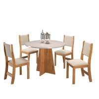 Conjunto de Mesa Sala de Jantar Redonda 0,90m 4 Cadeiras Sone Madeirado / Marfim Veludo Viero