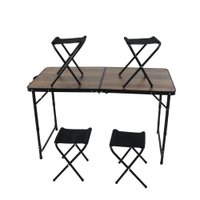 Kit Mesa Dobrável Portátil Que Vira Maleta Para Camping Praia Leve Alumínio 120cm Madeira + 4 Banquinhos Dobráveis