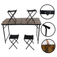 Kit Mesa Dobrável Portátil Que Vira Maleta Para Camping Praia Leve Alumínio 120cm Madeira + 4 Banquinhos Dobráveis