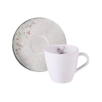 Conjunto Xícara e Pires de Chá Porcelana 200ml Tramontina Floralis Branca Decorada