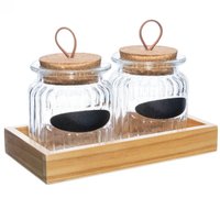 Conjunto 2 Porta Temperos Vidro 260ml Bandeja Madeira Lyor Pote para Grãos Condimentos