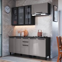 Cozinha Modulada Compacta Fidelitá Mônaco 4 Peças 200cm 9 Portas 2 Gavetas Com Tampo Chumbo/Titânio
