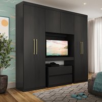 Guarda Roupa Infantil 6 Portas 2 Gavetas Porto Preto com Painel de TV