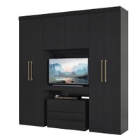 Guarda Roupa Infantil 6 Portas 2 Gavetas Porto Preto com Painel de TV