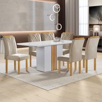 Mesa de Jantar 6 Lugares Celeste com Vidro Off White/Cinamomo/Bege Claro - Cel Móveis