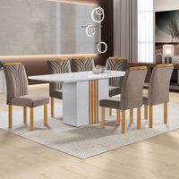 Mesa de Jantar 6 Lugares Celeste com Vidro Off White/Cinamomobege Escuro - Cel Móveis