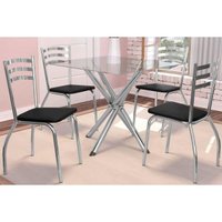 Sala de Jantar Completa Volga c/ Tampo de Vidro 90cm e 4 Cadeiras Portugal Cromada - Courano Preto - Kappesberg