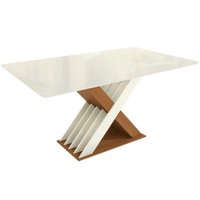 Mesa de Sala Jantar Graviola c/ Tampo Madeirado c/ Vidro 160x90cm Canela/Off White/Vidro Off White - Kappesberg