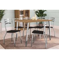 Conjunto: Mesa Sala Jantar Iguaçu c/ Tampo de Madeira 1.60cm + 6 Cadeiras Portugal Cromada - Courano Preto - Kappesberg