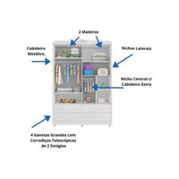 Guarda Roupa 4 Portas c/ (2 Cristal) e 4 Gavetas Êlo Branco - Peroba