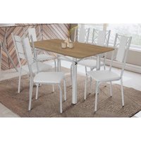 Sala de Jantar Completa Elba c/ Tampo de Madeira 160cm e 6 Cadeiras Lisboa Cromada/Nogueira - Corano Branco - Kappesberg