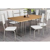 Conjunto: Mesa de Cozinha Duina c/ Tampo de Madeira 160cm e 6 Cadeiras Lisboa Niquel/Freijo - Corano Branco - Kappesberg