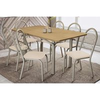 Conjunto: Mesa de Cozinha Elba c/ Tampo de Madeira 160cm e 6 Cadeiras Noruega Niquel/Nogueira - Corano Bege - Kappesberg