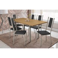 Conjunto: Mesa de Cozinha Elba c/ Tampo de Madeira 160cm e 6 Cadeiras Lisboa Niquel/Nogueira - Corano Preto - Kappesberg