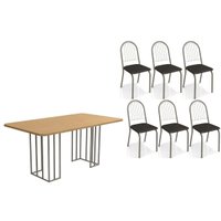 Conjunto: Mesa de Cozinha Duina c/ Tampo de Madeira 160cm e 6 Cadeiras Noruega Niquel/Freijo - Corano Preto - Kappesberg