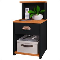Mesa Cabeceira Cléo Preto/Cinamomo 1 Gaveta Organizadora Puxador Concha Nicho Prateleira Suspensa Decoração Cama Lateral