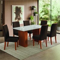 Conjunto de Mesa Sala de Jantar Ripada Tampo com Vidro Santiago 1,60m 6 Cadeiras Grécia Dobuê - Madeirado/Chocolate