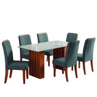 Conjunto de Mesa Sala de Jantar Ripada Tampo c/ Vidro Santiago 1,60m 6 Cadeiras Grécia Dobuê