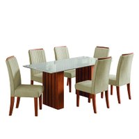 Conjunto de Mesa Sala de Jantar Ripada Tampo com Vidro Santiago 1,80m 6 Cadeiras Grécia Dobuê - Madeirado / Bege