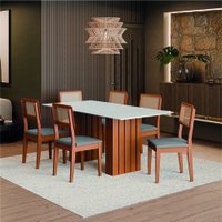 Conjunto de Mesa Sala de Jantar Ripada Tampo com Vidro 1,80m 6 Cadeiras Santiago Dobuê - Madeirado / Cinza