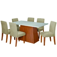 Conjunto Sala de Jantar Mesa 1,60m Trento 6 Cadeiras Trieste Dobuê - Madeirado / Bege