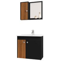Gabinete Espelheira E Cuba Branca 70cm Munique Preto Fosco Ripado BECHARA