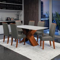 Conjunto de Mesa Sala de Jantar Tampo com Vidro 1,80m 6 Cadeiras Grécia Dobuê - Madeirado/Mascavo