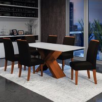 Conjunto de Mesa Sala de Jantar Tampo com Vidro 1,80m 6 Cadeiras Grécia Dobuê - Madeirado/Chocolate