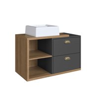 Gabinete de Banheiro Suspenso 80cm Helena com 02 Gavetas Mel/Grafite e cuba Branca