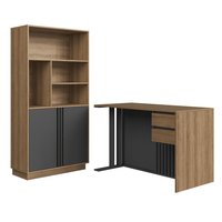 Conjunto de Escritorio com 2 Peças Mesa com gavetas e Armario com Nichos CJ8001 Mel Grafite