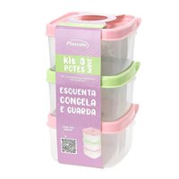 Conjunto de 3 Potes de Plástico com Tampa 0,6L Plasvale para Lanche Marmita Frutas Sortido