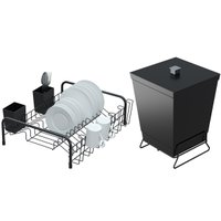 Conjunto Para Pia De Cozinha Lixeira Quadrada 6,5L E Escorredor De Louças Stolf - Preto Fosco