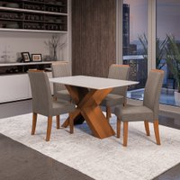 Conjunto de Mesa Sala de Jantar Tampo com Vidro Madeirado/Mascavo 1,36m 4 Cadeiras Grécia Dobuê