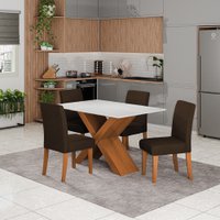 Conjunto de Mesa Madeirado/Chocolate Sala de Jantar Tampo com Vidro 1,36m Grécia 4 Cadeiras Trieste Dobuê