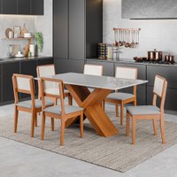 Conjunto de Mesa Sala de Jantar Tampo com Vidro 1,60m Grécia 6 Cadeiras Santiago Dobuê - Madeirado / Cinza