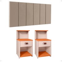 Kit 2 Mesinhas Gaveta Prateleira Suspensa Off/Cinamomo Cabeceira Estofada Suede Cama Casal Queen 1,60 Bege Quarto