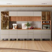 Cozinha Completa Proença 12 Portas 10 Gavetas Ripado 100% Mdf com Vidro D3702rp Nogueira/Nude Prime Tx - Demobile