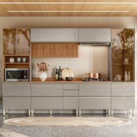Cozinha Completa Proença 8 Portas 9 Gavetas Ripado 100% Mdf com Vidro Dp3302rp Nogueira/Nude - Demóbile