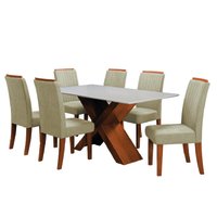 Conjunto de Mesa Sala de Jantar Tampo com Vidro 1,60m 6 Cadeiras Grécia Dobuê