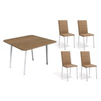 Sala de Jantar Completa Iguaçu c/ Tampo de Madeira 90cm + 4 Cadeiras Amsterdã Cromada/Capuccino - Kappesberg