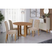 Sala de Jantar Completa Flora Tampo Madeirado 109cm e 4 Cadeiras Fernanda Cinamomo - Carvalho/Suede Nude Bege - Cimol